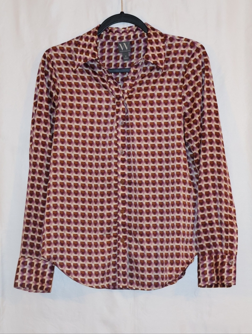 Worthington Button Down Retro Style Geo Workwear Blouse-Purple, Brown, & Tan.